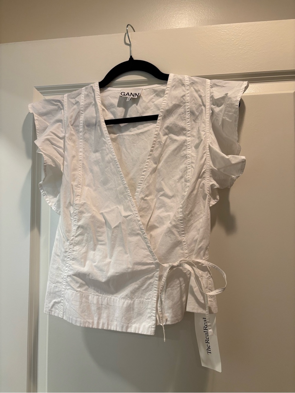 GANNI White Ruffled Sleeve Wrap Top